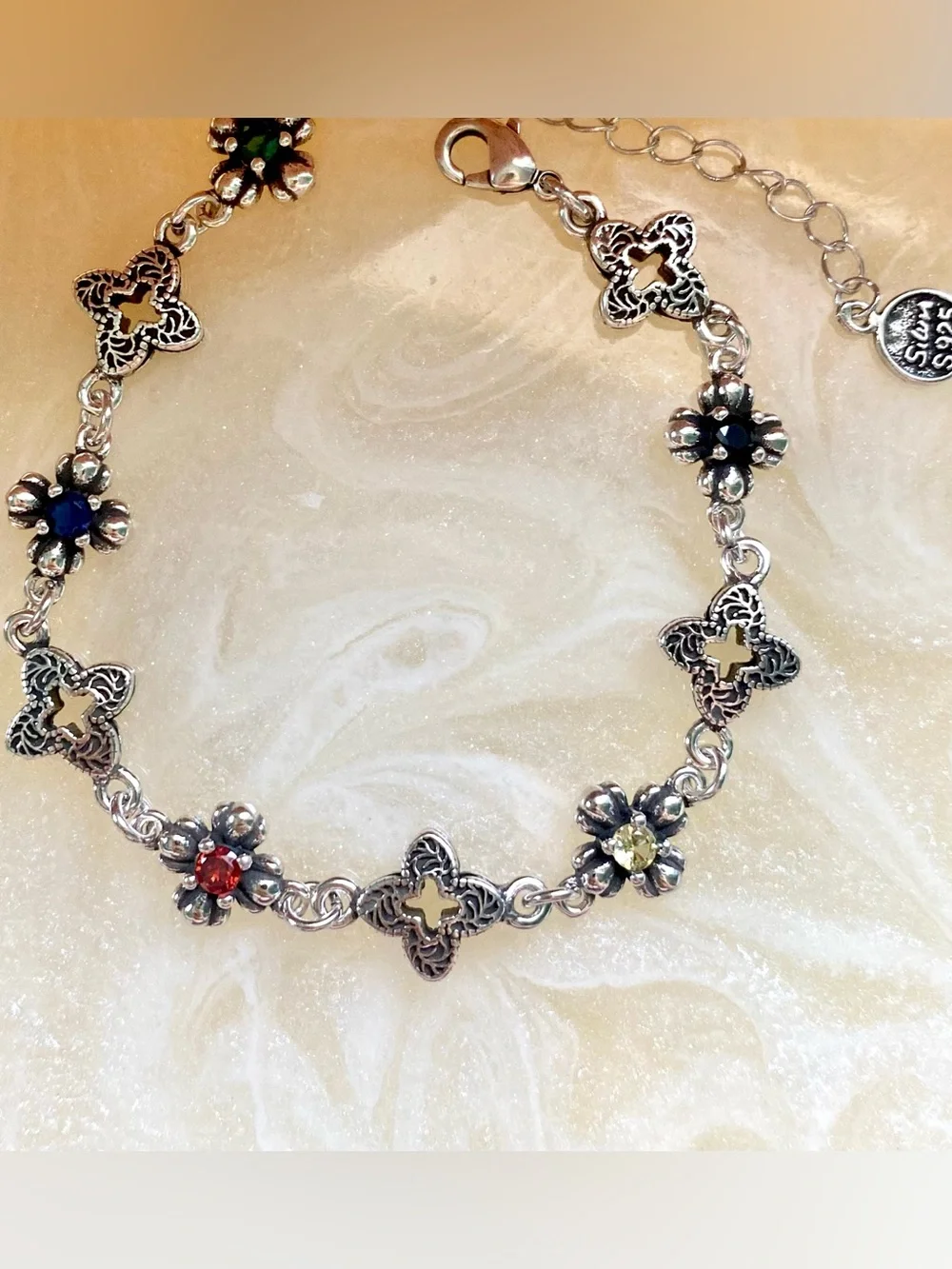 Sterling Silver Floral Multi-Gem Bracelet in Green, Red, Yellow, and Blue - Picture 2 of 5